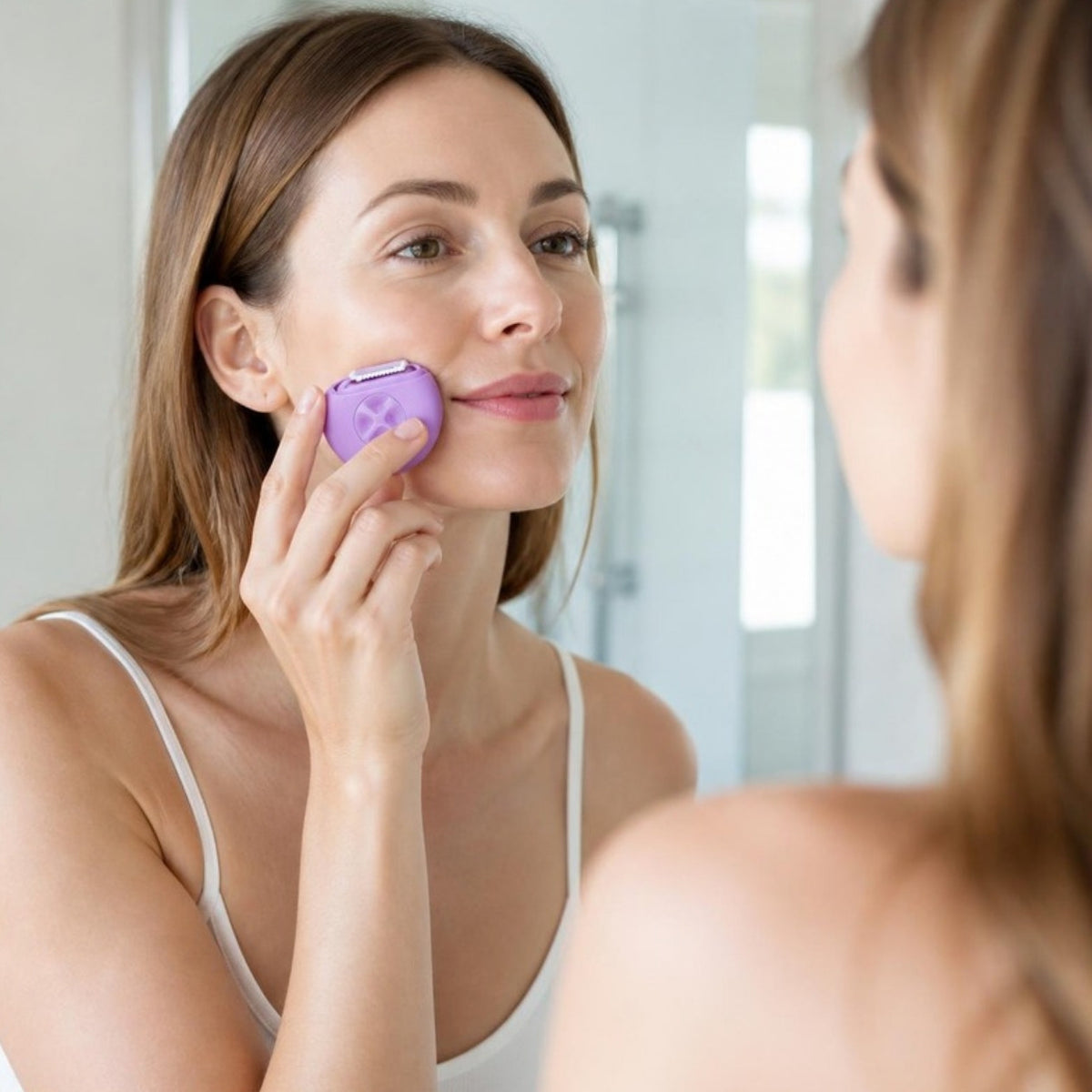 Mulher usando o Depilador Portatil 3 em 1 roxo no espelho