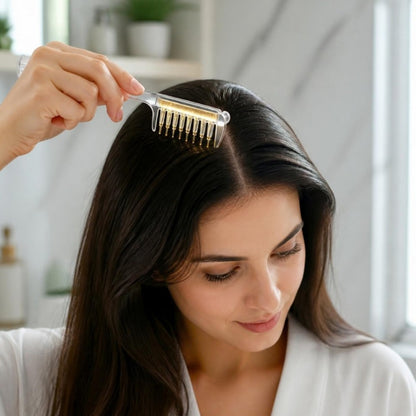 Mulher penteando oleo na raiz do cabelo